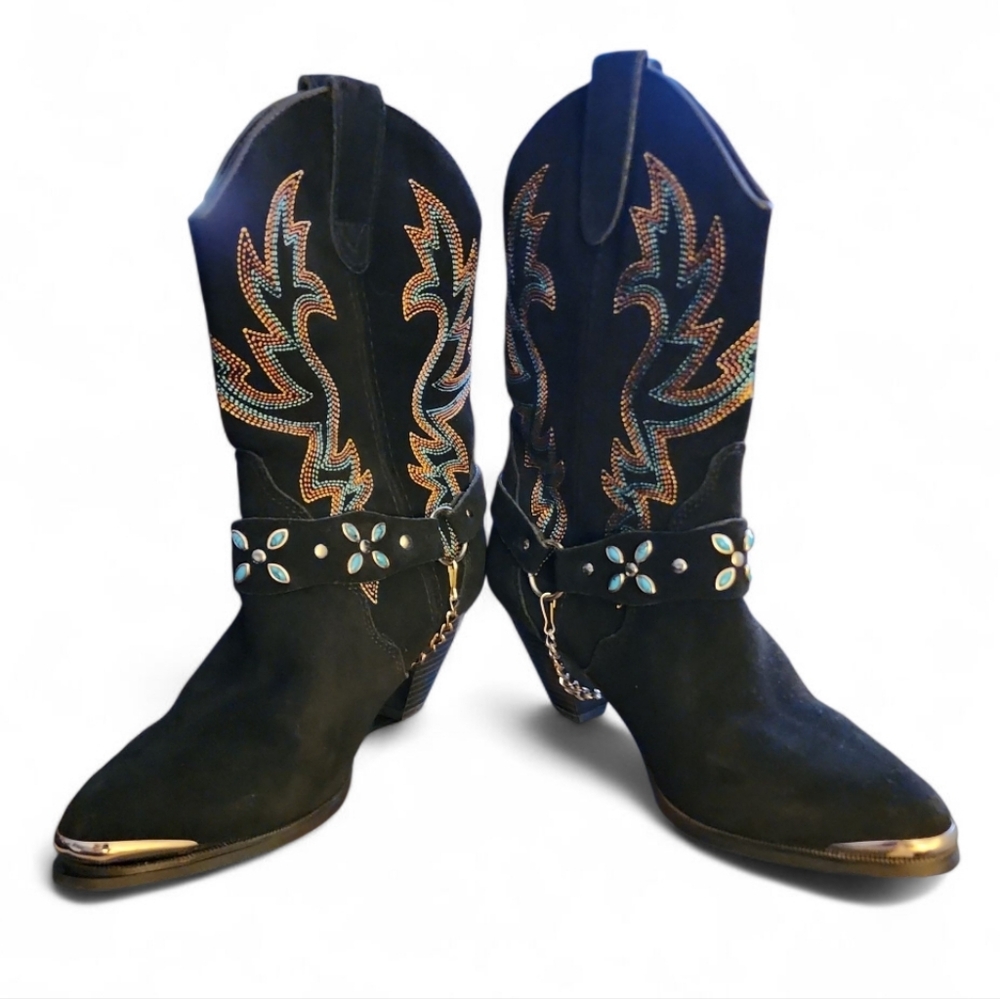 Vintage Dingo Boots Womens 8 Victoria Cowboy Suede Leather Chain Western Black - Picture 2 of 13